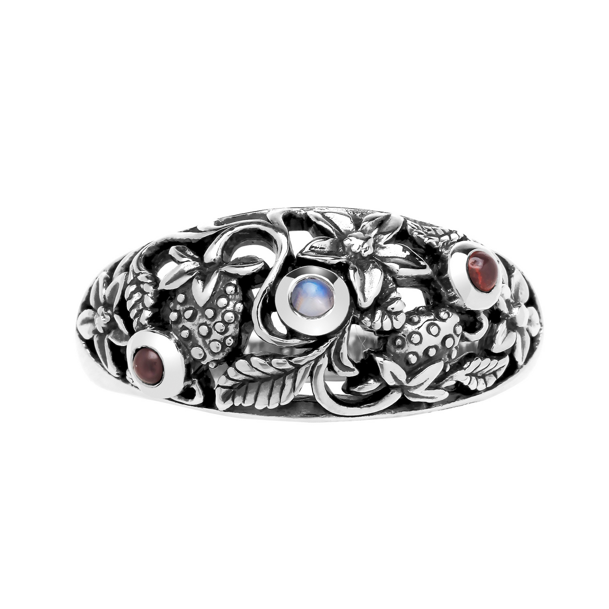 STRAWBERRY PATCH - Garnet, Moonstone & Sterling Silver Ring