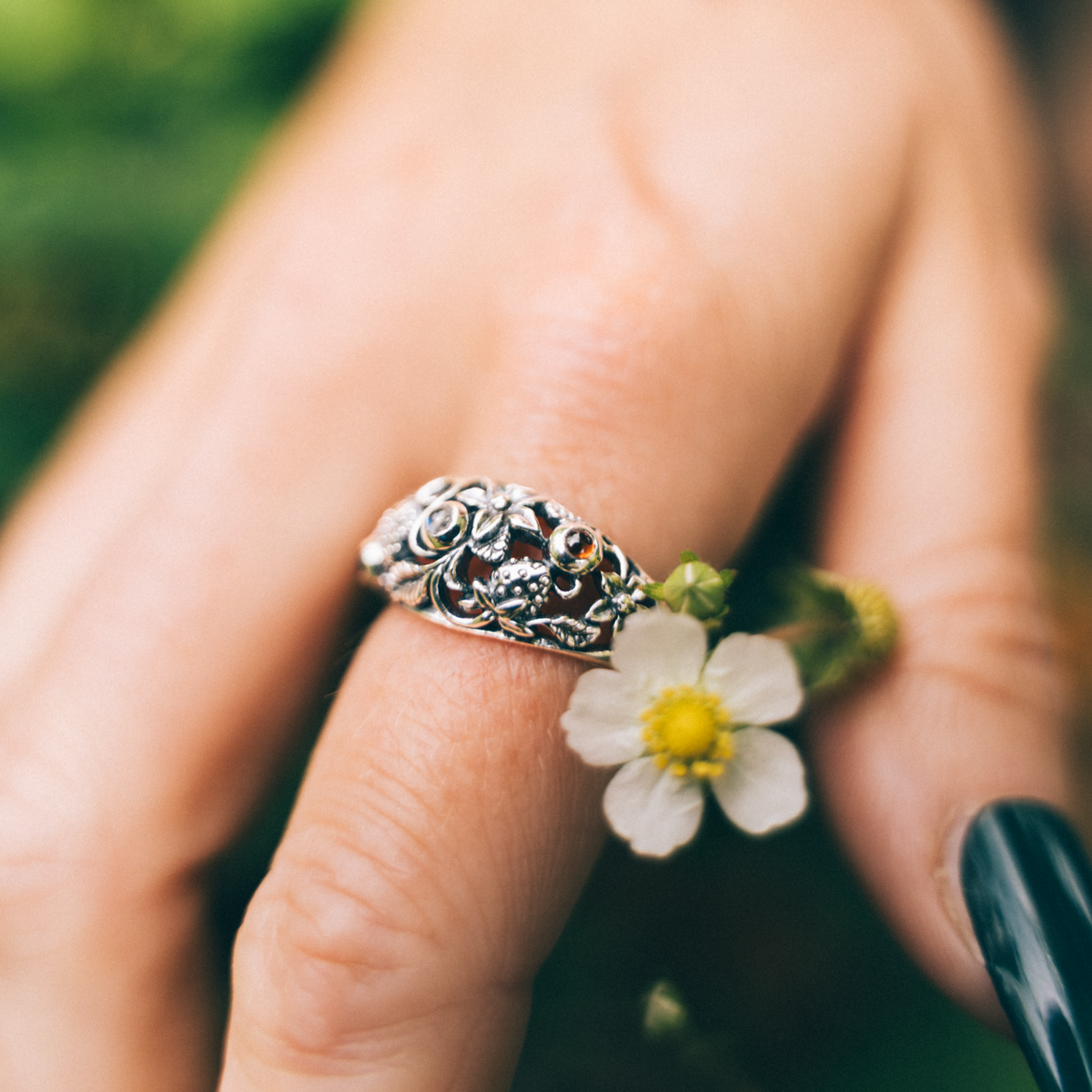 STRAWBERRY PATCH - Garnet, Moonstone & Sterling Silver Ring