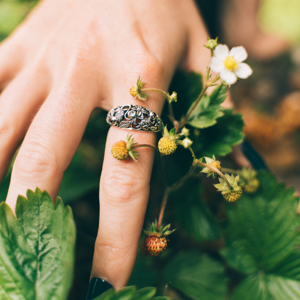 STRAWBERRY PATCH - Garnet, Moonstone & Sterling Silver Ring