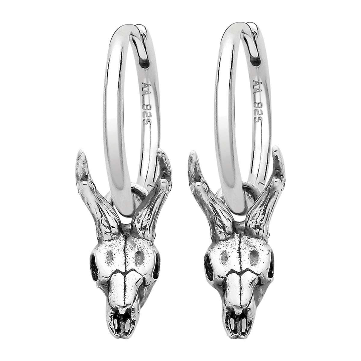 Sterling silver deer skull hoops earrings gothic alternative jewellery