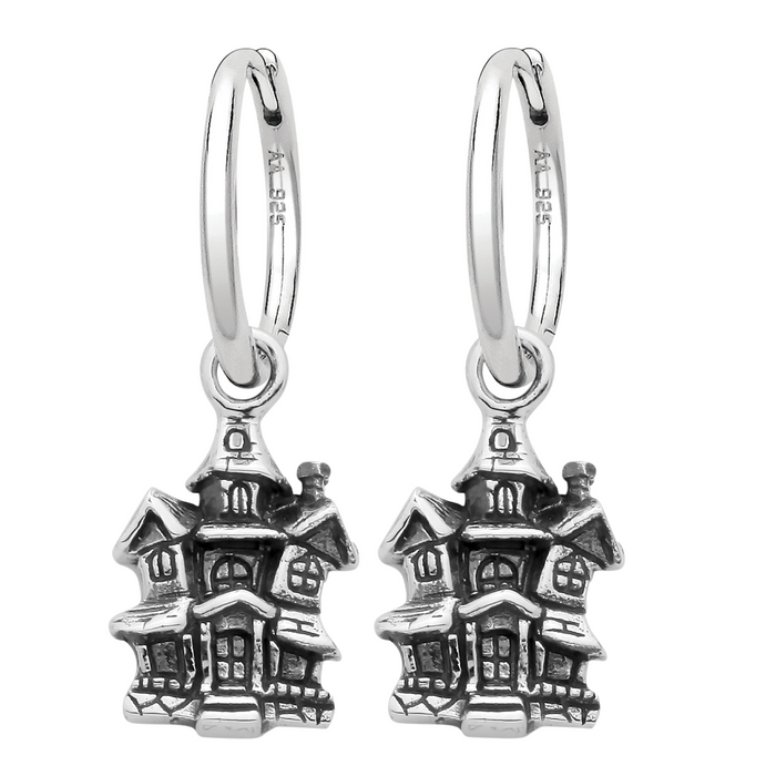 Sterling silver haunted house hoop earring spooky alternative gothic jewellery