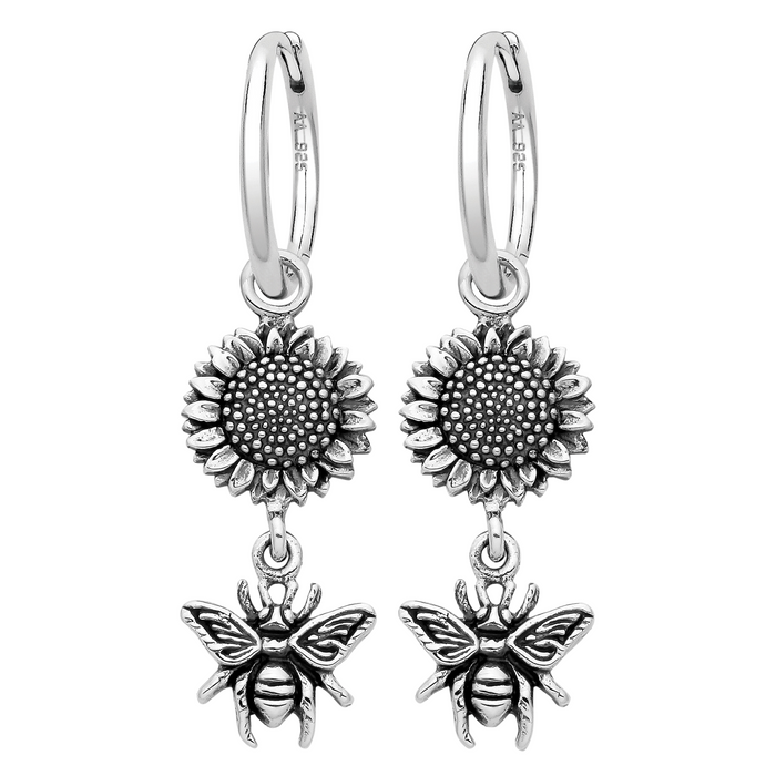 Sterling silver bee & sunflower summer nature inspired hoop earrings 