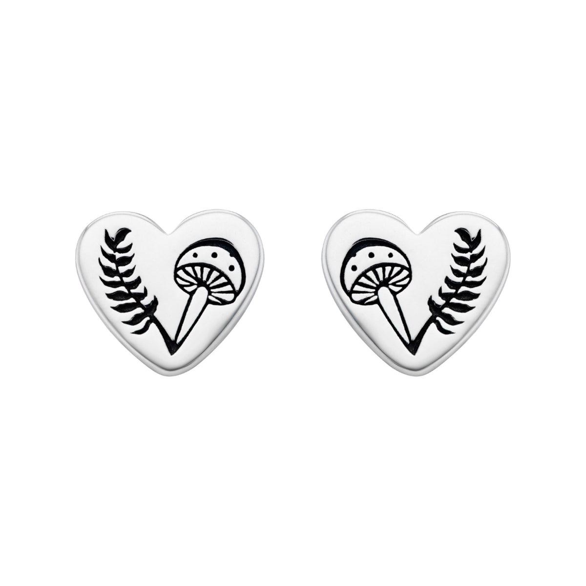 Heart Fern toadstool mushroon stud earring nature inspired alternative boho sterling silver jewellery. 