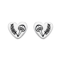 Heart Fern toadstool mushroon stud earring nature inspired alternative boho sterling silver jewellery. 