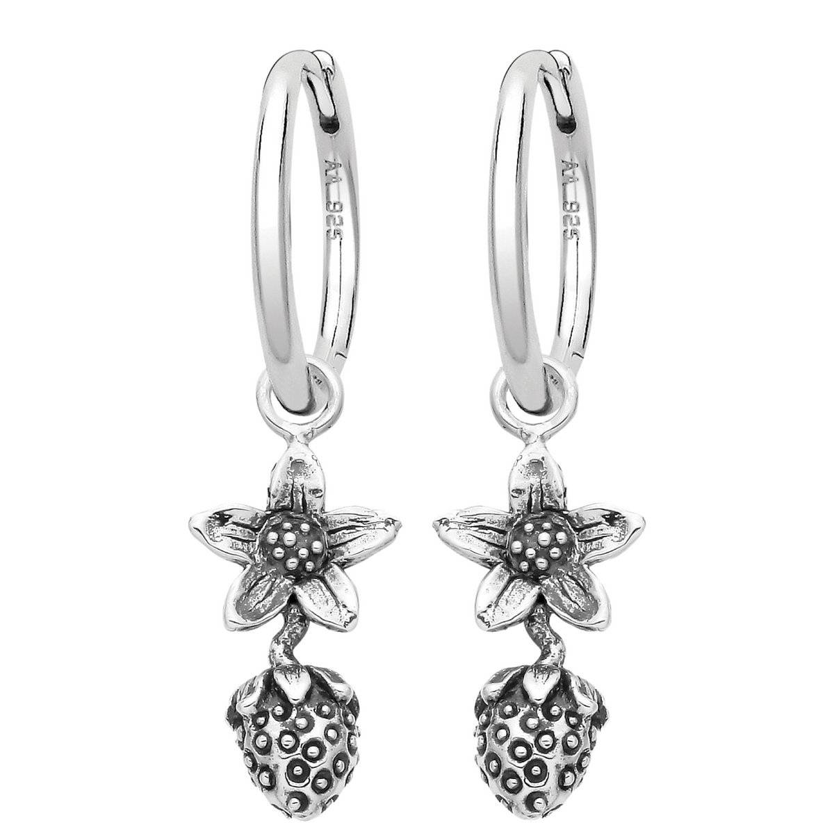 Sterling silver strawberry hop[ earrings summer nature alternative jewellery